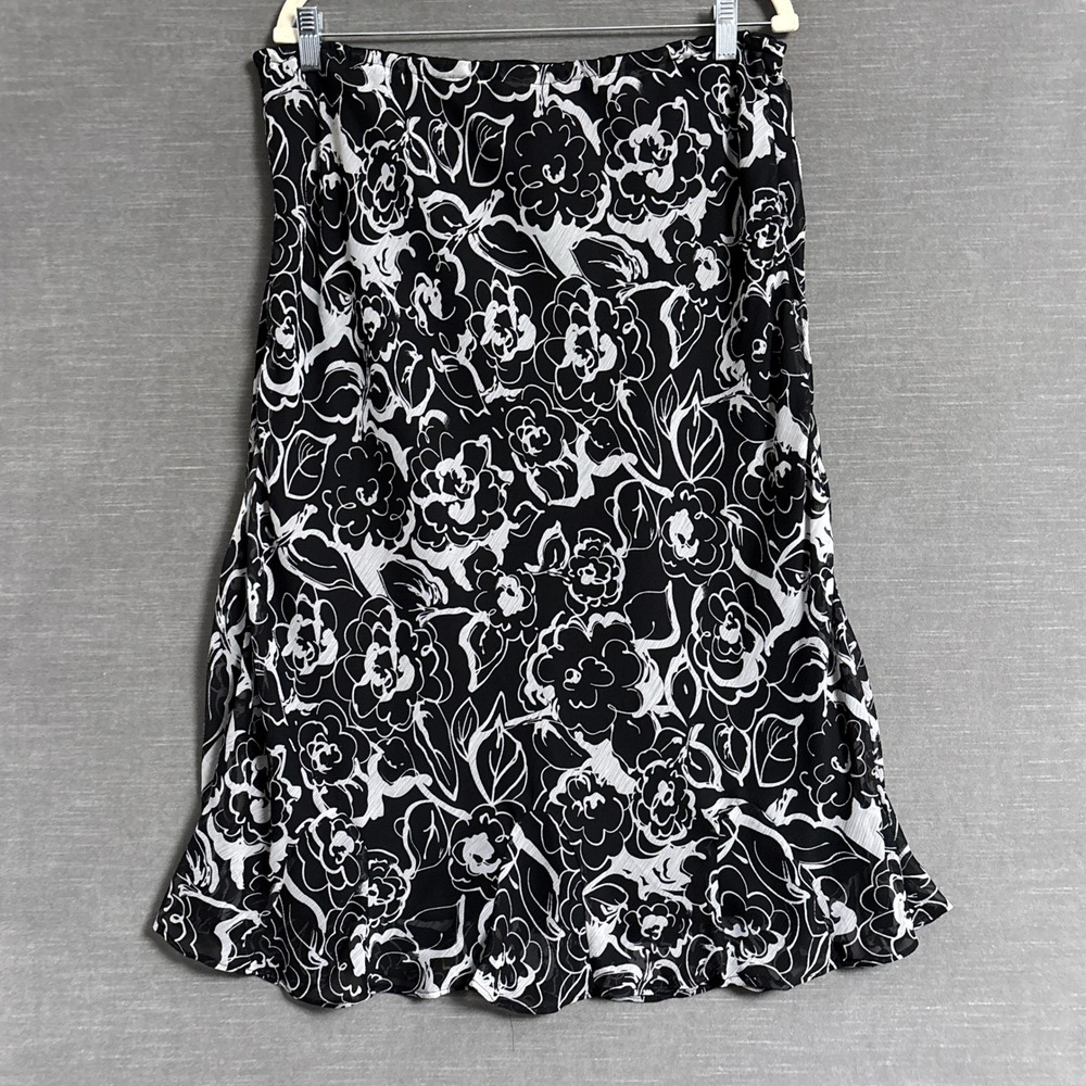 Vintage Y2K East 5th Skirt L Black White Floral Ruffle Hem Casual Midi Chiffon